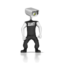 This animation shows a security figure with a surveillance camera for a head.