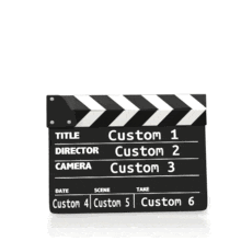 Animation of a movie clapboard with room for custom text.