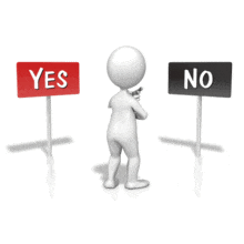 An animation of a stick figure trying to decide between a yes and a no sign.
