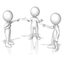 This animation shows a group of three figure pointing fingers at each other playing the blame game.