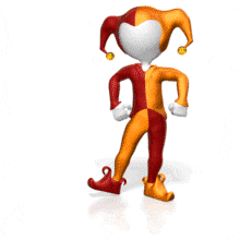 A jester inflates a balloon then twists it into an animal shape.