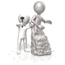 A stick figure uses a hammer and chisel to carve a statue.