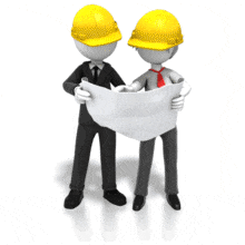 An animation of two stick figures with hardhats looking and pointing at a blueprint.