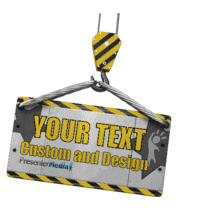 A custom metal construction sign swings from a hoist hook.  You can add your own text and images to this metal sign.  