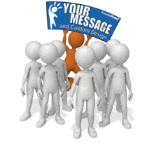 A stick figure jumping up and down holding a sign that you are able to put your own custom text and design on. 