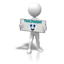 An animation of a stick figure lifting up a custom text sign.