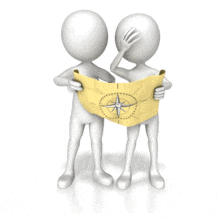 This animation shows two figures looking at a map point in directions as if they were lost.