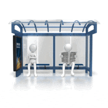 An animation of a couple stick figures sitting at the bus stop.