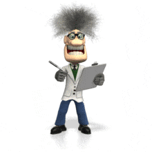 This animation shows a mad scientist thinking and writing on a clipboard.