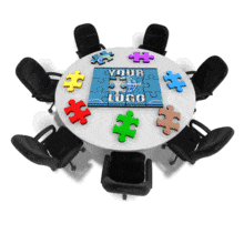 An animation of a puzzle piece on a table fitting into the center piece to complete the custom puzzle.