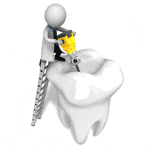 A dentist is shown working on someone&#039;s tooth with a jackhammer.