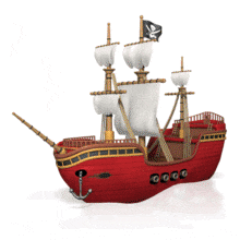 A toon-styled pirate ship riding waves with its flag flying and canons ready.