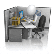 This animation shows a figure in an office cubicle hard at work.