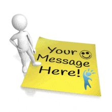 An animation of a stick figure presenting a piece of paper with room to put your custom text and design on.