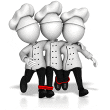 A team of three chefs with their legs tied together run in unison.