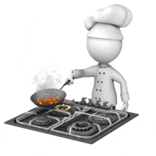 This animation shows a chef figure sauteing food in a pan over a stove.