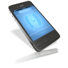 This animation shows a processing window on a smart phone with upload and download arrows and a spinning progress wheel.