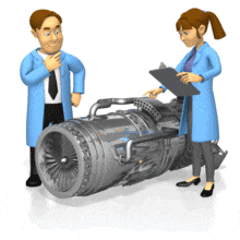 A pair of engineers check over a turbine engine.