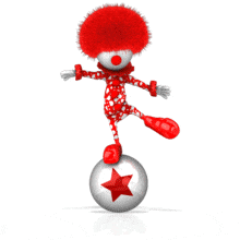 This animation shows a clown figure balancing on a ball.