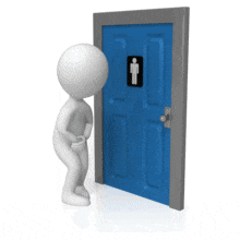 A stick man waits urgently to use the men&#039;s room.