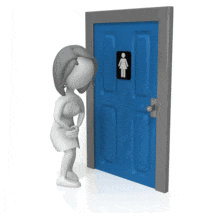 A stick woman waits urgently to use the lady&#039;s room.