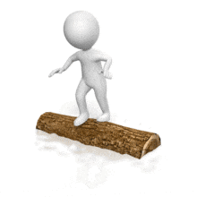 A stick figure balances carefully as he balances on a rolling log in the water.