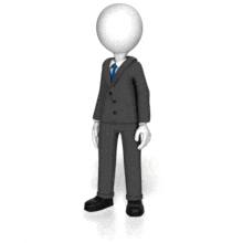An animation of a business stick figure in a suit turning their back to something.
