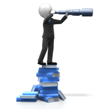 An animation of a male business figure standing on books searching with a scope.