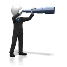 An animation of a male business figure searching with a scope.