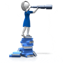 An animation of a female business figure standing on books searching with a scope.
