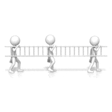 An animation of three figures carrying a ladder.