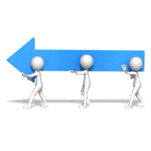 An animation of three figures using teamwork to carry an arrow to the left.