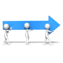 An animation of three figures using teamwork to carry an arrow to the right.