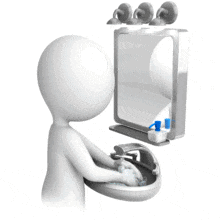 This animation shows a figure washing hands in a sink.