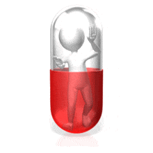 A stick figure trapped in a pill capsule. This animation can represent someone trapped by drug addiction.