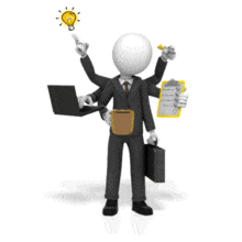 This animation shows a business figure with multiple hands to many tasks at once.