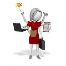 This animation shows a businesswoman figure with multiple arms doing many tasks.