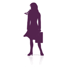 A colored silhouette of a business woman standing and looking around.