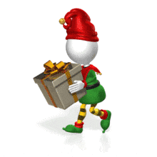An elf runs carrying a present.