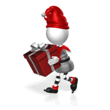 An elf runs carrying a present.