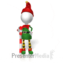 An elf figure twirls a candy cane and points to the side.