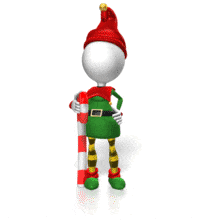 This animation shows a holiday elf pointing to down with a candy cane.