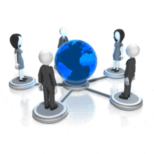 A group of business people on network nodes standing around a spinning globe.