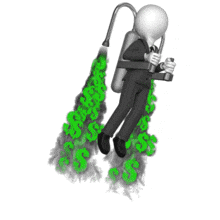 This custom design animation shows a businessman figure flying a jet pack with symbols coming out.  You can change the symbols to your own logo or another image by using out online customizer.