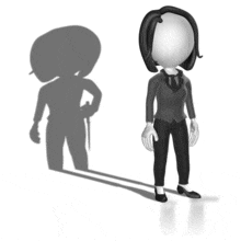 An animation of a female figure in a suit being followed by shadow.
