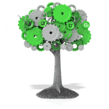This animation shows a tree with the top made up of gears.