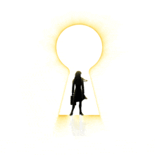 This animation shows a businesswoman holding a briefcase standing in a large keyhole with light emanating from it.