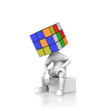 This animation shows a thinking figure sitting while solving a puzzle cube for its head. 