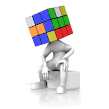This animation shows a thinking figure sitting trying to solve a puzzle cube for its head.
