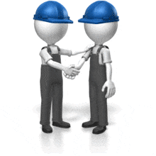 This animation shows two construction workers shaking hands.